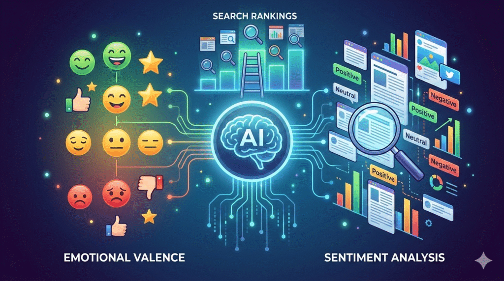 An infographic illustrating how an AI brain analyzes text content through "Sentiment Analysis" and a spectrum of "Emotional Valence" (emojis) to determine "Search Rankings." This demonstrates the technical logic driving visible results in search engine and AI generated answers.