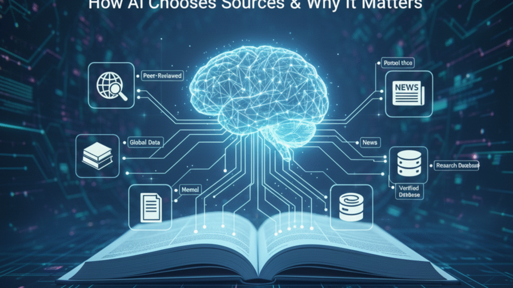 A digital illustration showing a glowing, holographic human brain hovering above an open book, with interconnected data lines flowing between the book and brain. Icons representing news, research databases, and global data surround the brain, symbolizing how AI synthesizes information and cites sources. The text 'AI Citations Explained: How AI Chooses Sources & Why It Matters' is overlaid at the top."