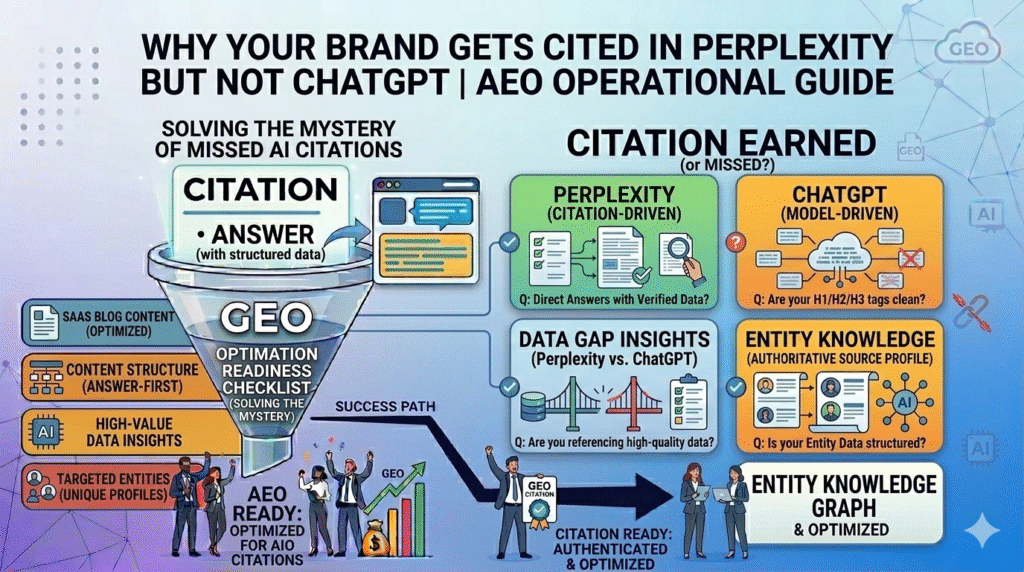 An infographic titled "Why Your Brand Gets Cited in Perplexity But Not ChatGPT | AEO Operational Guide." It features a GEO optimization readiness checklist comparing how different engines cite sources. The visual contrasts Perplexity's citation-driven model (focused on direct answers and verified data) with ChatGPT's model-driven approach (reliant on clean structure and entity knowledge). It highlights key optimization factors like high-value data insights, authoritative source profiles, and structured entity data to secure citations across both platforms.
