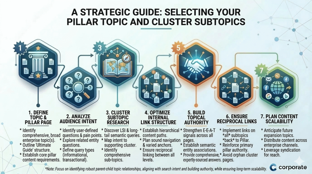 An infographic titled "A STRATEGIC GUIDE: SELECTING YOUR PILLAR TOPIC AND CLUSTER SUBTOPICS," detailing a seven-step corporate workflow. The stages are illustrated with interconnected hexagonal icons and detailed bullet points against a blue and white networked background: 1. DEFINE TOPIC & PILLAR PAGE (identifying core content), 2. ANALYZE AUDIENCE INTENT (researching questions and pain points), 3. CLUSTER SUBTOPIC RESEARCH (discovering LSI and long-tail queries), 4. OPTIMIZE INTERNAL LINK STRUCTURE (establishing hierarchical paths), 5. BUILD TOPICAL AUTHORITY (strengthening E-E-A-T signals), 6. ENSURE RECIPROCAL LINKS (implementing back-links to the pillar), and 7. PLAN CONTENT SCALABILITY (anticipating future topics). Each hexagon features a unique icon and numerical indicator. A 'corporate' logo is in the bottom right corner.
