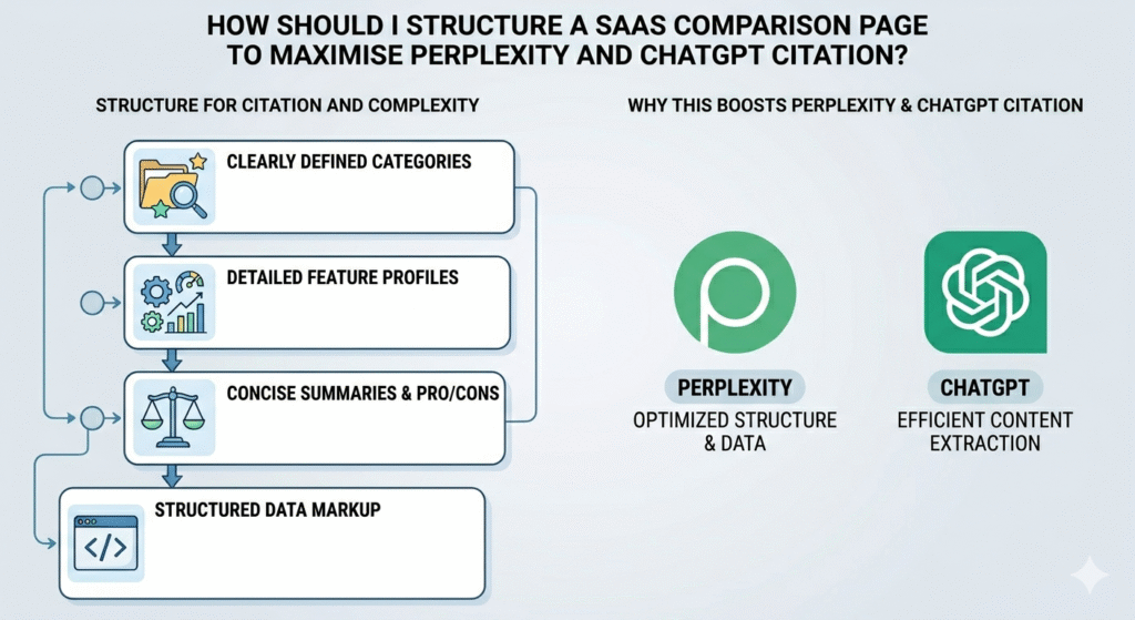 A detailed infographic showing how to structure a SaaS comparison page for AI citation. The left column details a 4-step structure: Clearly Defined Categories (with folder/magnifier icon), Detailed Feature Profiles (gears and chart icon), Concise Summaries & Pro/Con Lists (scales icon), and Structured Data (Schema.org) & Markup (coding brackets/cloud icon). Text within each step gives specific bullet points for implementation. Arrows show the content flow. The right column features two robots representing AI. Above them, text reads "WHY THIS BOOSTS PERPLEXITY & CHATGPT CITATION". The top robot, labeled "PERPLEXITY BOT" (in a green circle), says: Uses structured data and clear categories to synthesize nuanced comparisons. Identifies key differentiating factors effectively. The bottom robot, labeled "CHATGPT BOT" (with the OpenAI logo), says: Easily locates and extracts concise summaries and factual statements. Can directly cite well-formatted content as credible sources. A bottom box summarizes "KEY PRINCIPLES": Maintain objectivity, Update content regularly, Focus on unique value propositions, and Design for both human readers and AI crawlers. The main title is at the top: HOW SHOULD I STRUCTURE A SAAS COMPARISON PAGE TO MAXIMISE PERPLEXITY AND CHATGPT CITATION?