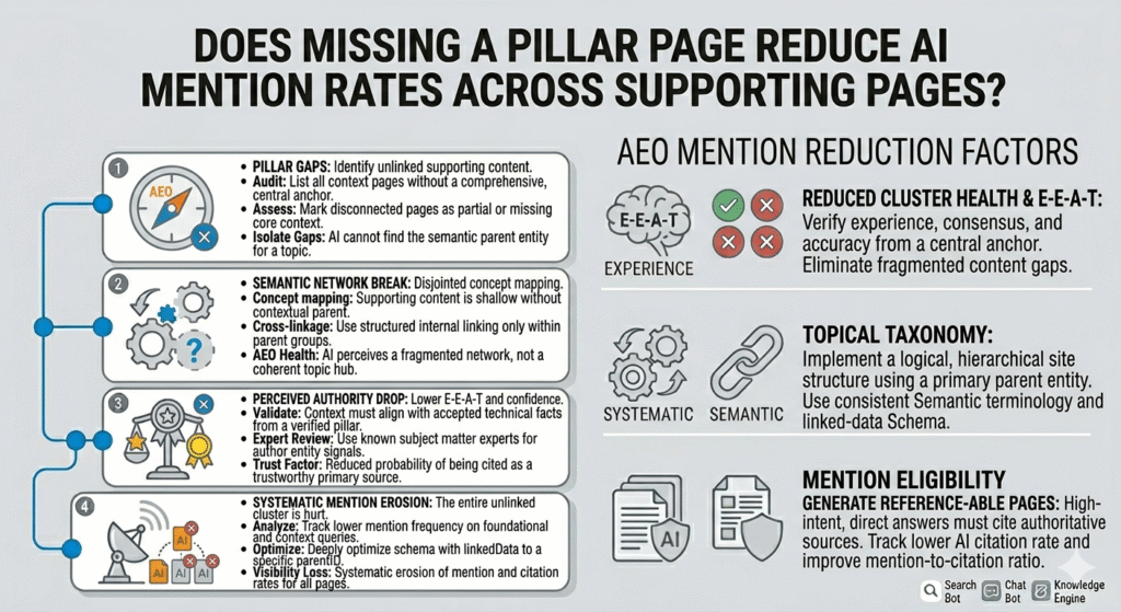 A comprehensive infographic titled "DOES MISSING A PILLAR PAGE REDUCE AI MENTION RATES ACROSS SUPPORTING PAGES?" The left side outlines a four-stage negative process: 1. PILLAR GAPS (Audit of unlinked supporting content); 2. SEMANTIC NETWORK BREAK (Disjointed concept mapping and cross-linkage issues); 3. PERCEIVED AUTHORITY DROP (Lower E-E-A-T signals and validation); and 4. SYSTEMATIC MENTION EROSION (Visibility loss across all pages). The right side details "AEO MENTION REDUCTION FACTORS" including: REDUCED CLUSTER HEALTH & E-E-A-T (checkmarks and X's); TOPICAL TAXONOMY (systematic and semantic gears); and MENTION ELIGIBILITY (generating reference-able pages). The design uses illustrative icons and a professional gray-and-white color scheme.
