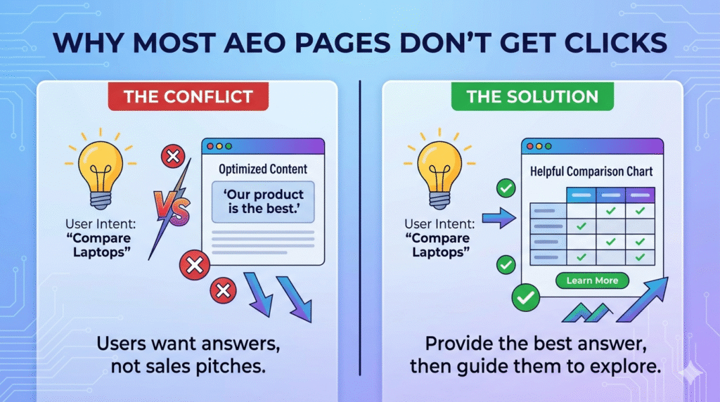 An infographic comparing successful and unsuccessful AEO content. The left panel shows "The Conflict" where user intent for a comparison is met with a sales pitch, resulting in no clicks. The right panel shows "The Solution" where user intent is met with a helpful comparison chart and a clear "Learn More" button to drive traffic.