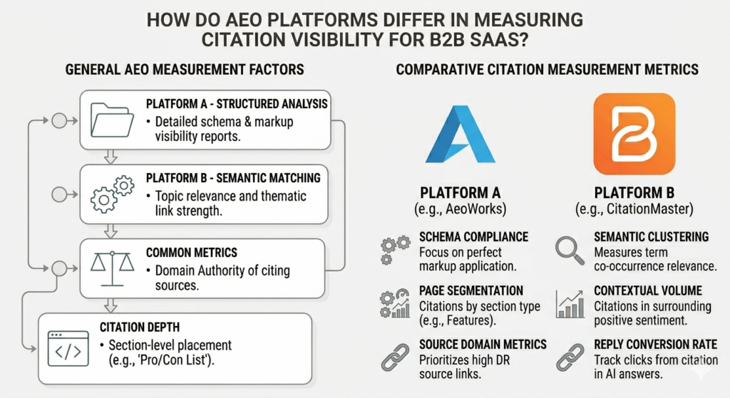 Alt Text: A minimalistic infographic comparing how AEO (Answer Engine Optimization) platforms measure citation visibility for B2B SaaS. The left side, titled "General AEO Measurement Factors," features a clean vertical flow of four boxes: Structured Analysis (schema/markup focus), Semantic Matching (topic relevance), Common Metrics (domain authority), and Citation Depth (section-level placement). The right side, titled "Comparative Citation Measurement Metrics," compares two distinct approaches. "Platform A" focuses on technical execution: Schema Compliance, Page Segmentation, and Source Domain Metrics. "Platform B" focuses on context and impact: Semantic Clustering, Contextual Volume (sentiment-based), and Reply Conversion Rate (clicks from AI answers). The design uses a muted gray and white palette with sharp blue and orange accents for clarity.