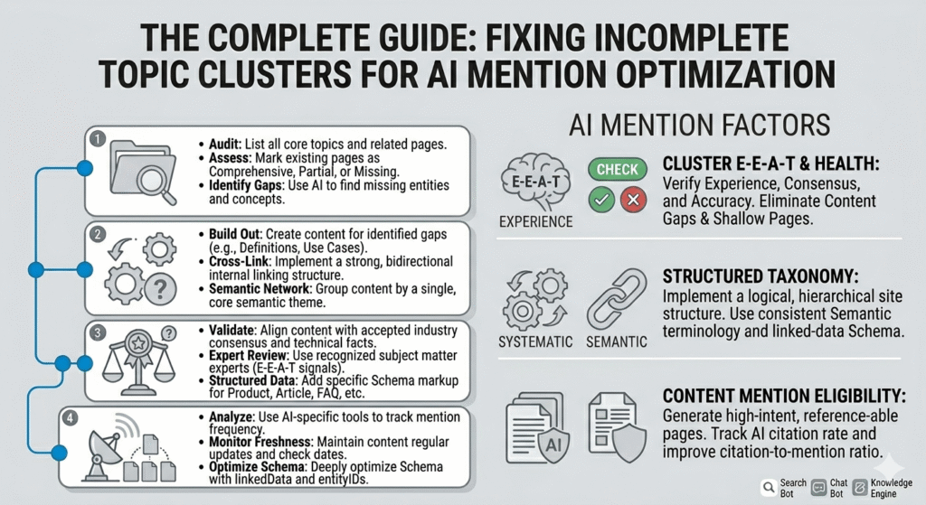 A comprehensive infographic titled "THE COMPLETE GUIDE: FIXING INCOMPLETE TOPIC CLUSTERS FOR AI MENTION OPTIMIZATION." The left side outlines a four-step process for auditing, building out, validating, and optimizing topic clusters with specific action items. The right side breaks down key "AI MENTION FACTORS" into "CLUSTER E-E-A-T & HEALTH," "STRUCTURED TAXONOMY," and "CONTENT MENTION ELIGIBILITY," featuring supportive line-art icons and color-coded status checks. A legend at the bottom right identifies generic AI citation sources like search bots, chatbots, and knowledge engines. The overall color scheme is gray, white, blue, and green, with red accents for a clean, data-driven aesthetic.