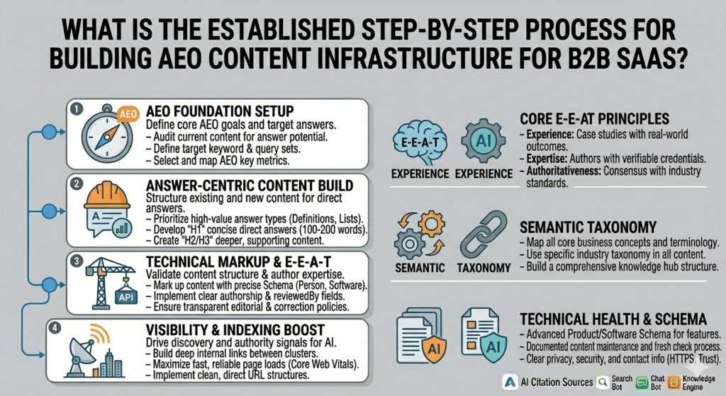 A strategic infographic titled "WHAT IS THE ESTABLISHED STEP-BY-STEP PROCESS FOR BUILDING AEO CONTENT INFRASTRUCTURE FOR B2B SAAS?" The left side outlines a four-step flow: 1. AEO FOUNDATION SETUP (audit, goal definition, query mapping); 2. ANSWER-CENTRIC CONTENT BUILD (prioritizing high-value answers, direct answers, and deeper support); 3. TECHNICAL MARKUP & E-E-A-T (validation, author expertise, Schema implementation); and 4. VISIBILITY & INDEXING BOOST (internal links, speed, direct URLs). The right side details: CORE E-E-A-T PRINCIPLES (experience, expertise, authoritativeness); SEMANTIC TAXONOMY (mapping terminology and building knowledge hubs); and TECHNICAL HEALTH & SCHEMA (product schema, content maintenance, security). The design uses illustrative icons and a professional gray, blue, and white color scheme.