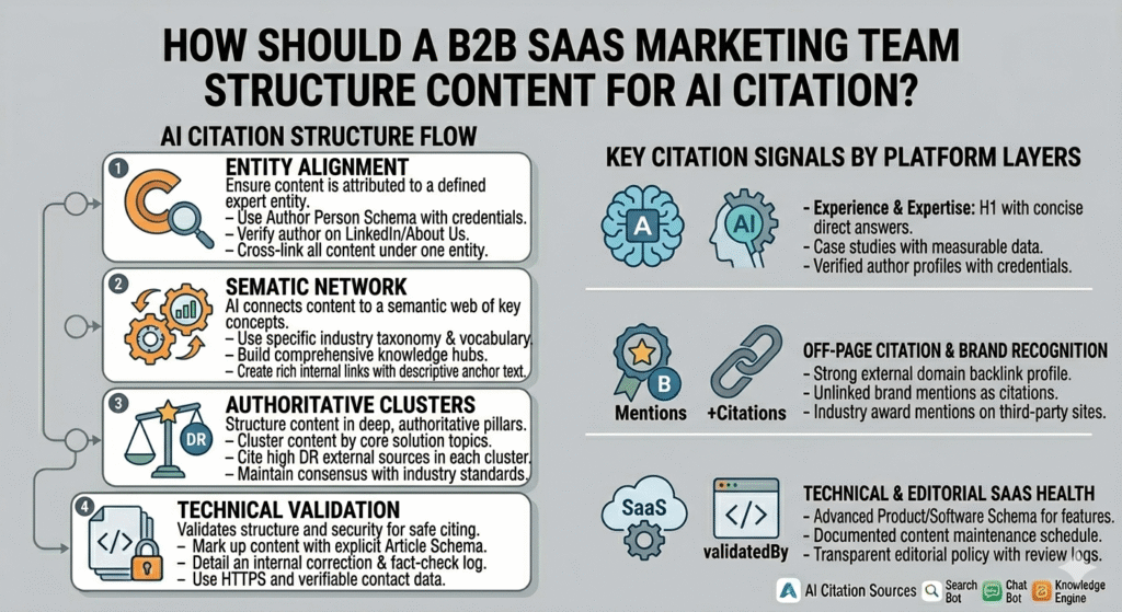 A professional infographic titled "HOW SHOULD A B2B SAAS MARKETING TEAM STRUCTURE CONTENT FOR AI CITATION?" The left side features an "AI Citation Structure Flow" with four numbered steps: Entity Alignment (author/persona attribution), Semantic Network (concept mapping and knowledge hubs), Authoritative Clusters (deep pillars with high-DR citations), and Technical Validation (schema and security). The right side breaks down "Key Citation Signals by Platform Layers," focusing on Experience & Expertise (direct answers), Off-Page Citation & Brand Recognition (unlinked mentions and backlinks), and Technical & Editorial SaaS Health (product schema and maintenance logs). The design uses a clean, data-driven aesthetic with blue, orange, and gray accents.