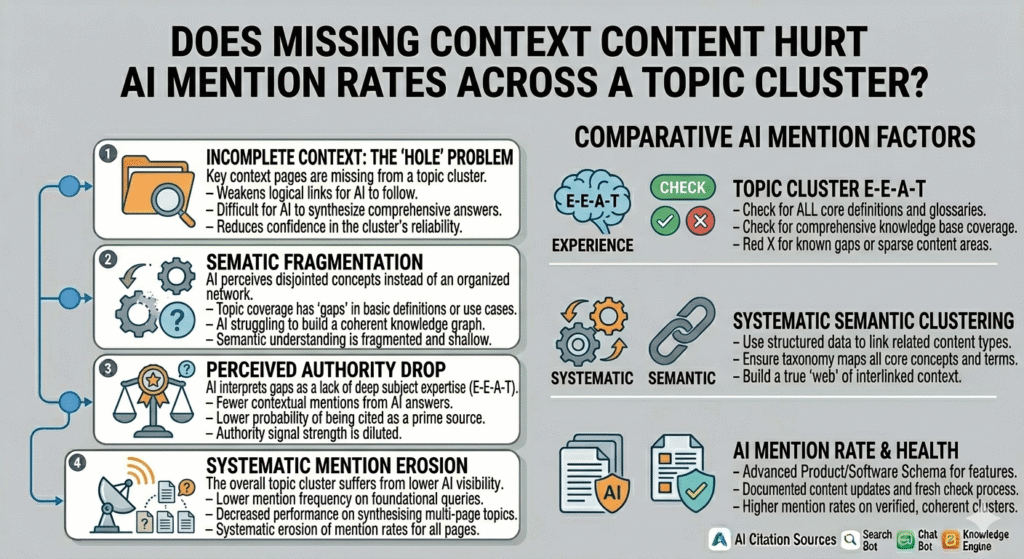 A strategic infographic titled "DOES MISSING CONTEXT CONTENT HURT AI MENTION RATES ACROSS A TOPIC CLUSTER?" The left side details a four-stage negative flow: 1. INCOMPLETE CONTEXT (Key missing pages weaken links for AI); 2. SEMANTIC FRAGMENTATION (Disjointed concepts and shallow understanding); 3. PERCEIVED AUTHORITY DROP (AI interprets gaps as a lack of deep expertise); and 4. SYSTEMATIC MENTION EROSION (Systemic lower AI visibility for all pages in the cluster). The right side highlights "COMPARATIVE AI MENTION FACTORS" including: TOPIC CLUSTER E-E-A-T (checking for definitions and knowledge base coverage); SYSTEMATIC SEMANTIC CLUSTERING (using structured data and taxonomy); and AI MENTION RATE & HEALTH (product schema and maintenance). The design uses a clean, illustrative icon style and a professional gray, blue, and white color scheme.