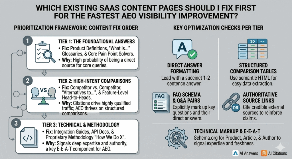 A strategic infographic titled "Which Existing SaaS Content Pages Should I Fix First for the Fastest AEO Visibility Improvement?" It features a "Prioritization Framework" with three tiers: Tier 1 focuses on Foundational Answers (definitions and glossaries), Tier 2 on High-Intent Comparisons (competitor vs. competitor), and Tier 3 on Technical & Methodology (API docs and E-E-A-T signals). To the right, "Key Optimization Checks" include Direct Answer Formatting, Structured Comparison Tables, FAQ Schema, Authoritative Source Links, and Technical Markup. The design uses a clean, professional aesthetic with numbered steps and instructional icons.