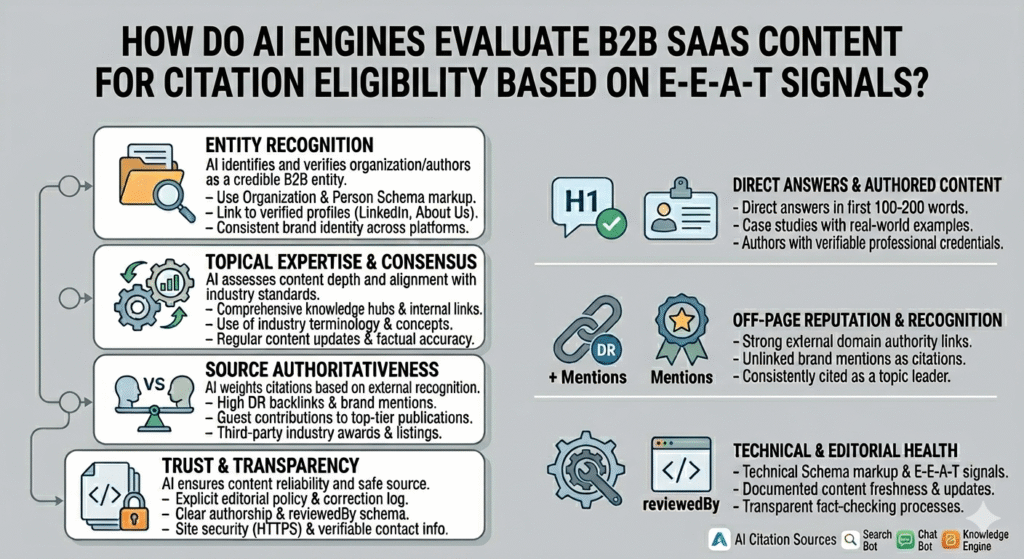 A minimalistic infographic titled "HOW DO AI ENGINES EVALUATE B2B SAAS CONTENT FOR CITATION ELIGIBILITY BASED ON E-E-A-T SIGNALS?" The left side outlines a four-stage evaluation flow: Entity Recognition (verifying authors/orgs), Topical Expertise & Consensus (depth and terminology), Source Authoritativeness (backlinks and mentions), and Trust & Transparency (security and editorial policies). The right side highlights key citation signals: Direct Answers & Authored Content (Expertise), Off-Page Reputation (Authoritativeness), and Technical & Editorial Health (Trustworthiness). The layout uses clean, instructional icons and a professional gray, blue, and white color scheme.