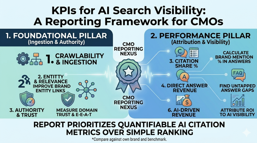 A 16:9 infographic titled "KPIs for AI Search Visibility: A Reporting Framework for CMOs." It is divided into two distinct pillars connecting to a central star icon labeled "CMO REPORTING NEXUS." The left side, labeled "1. FOUNDATIONAL PILLAR (Ingestion & Authority)," includes metrics for "1. Crawlability & Ingestion," "2. Entity & Relevance," and "3. Authority & Trust." The right side, labeled "2. PERFORMANCE PILLAR (Attribution & Visibility)," includes metrics for "3. Citation Share %," "4. Direct Answer Revenue," and "6. AI-Driven Revenue." A message at the bottom states that the report "PRIORITIZES QUANTIFIABLE AI CITATION METRICS OVER SIMPLE RANKING." The graphic is presented in a modern technical illustrative style with blue and teal gradients.