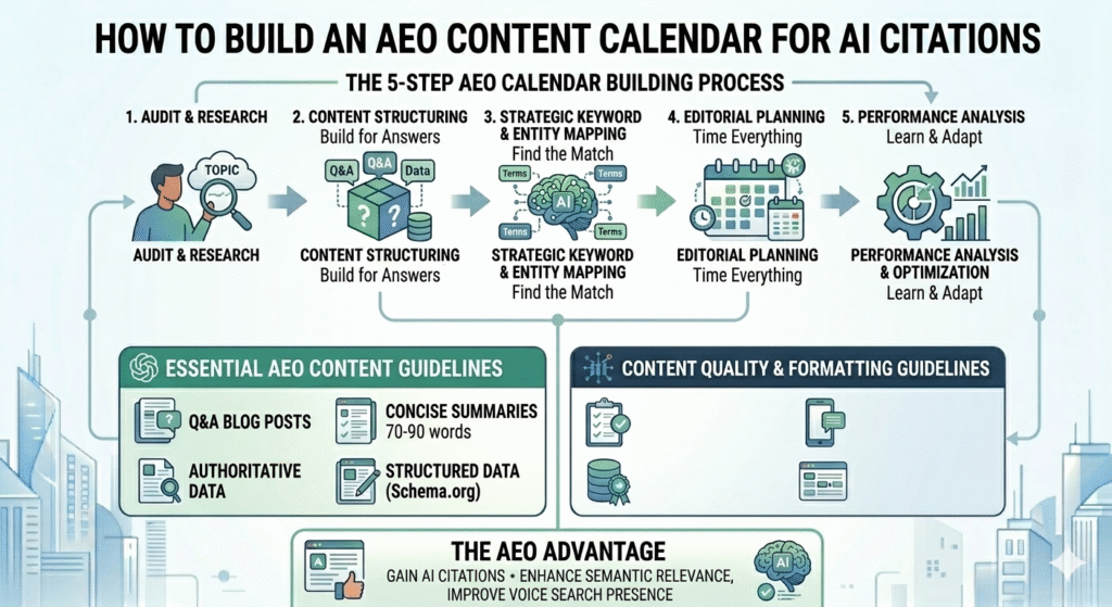 A professional, minimalist enterprise SaaS marketing infographic in a clean 16:9 layout detailing a five-step content calendar building process for Answer Engine Optimization (AEO). The top section flows from left to right: 1. Audit & Research, 2. Content Structuring (Build for Answers), 3. Strategic Keyword & Entity Mapping, 4. Editorial Planning, and 5. Performance Analysis & Optimization. The bottom section outlines "Essential AEO Content Guidelines" featuring Q&A blog posts, concise 70-90 word summaries, authoritative data, and structured data (Schema.org), balanced alongside content quality checklists. The final base section highlights "The AEO Advantage," focusing on gaining AI citations, enhancing semantic relevance, and improving voice search presence.