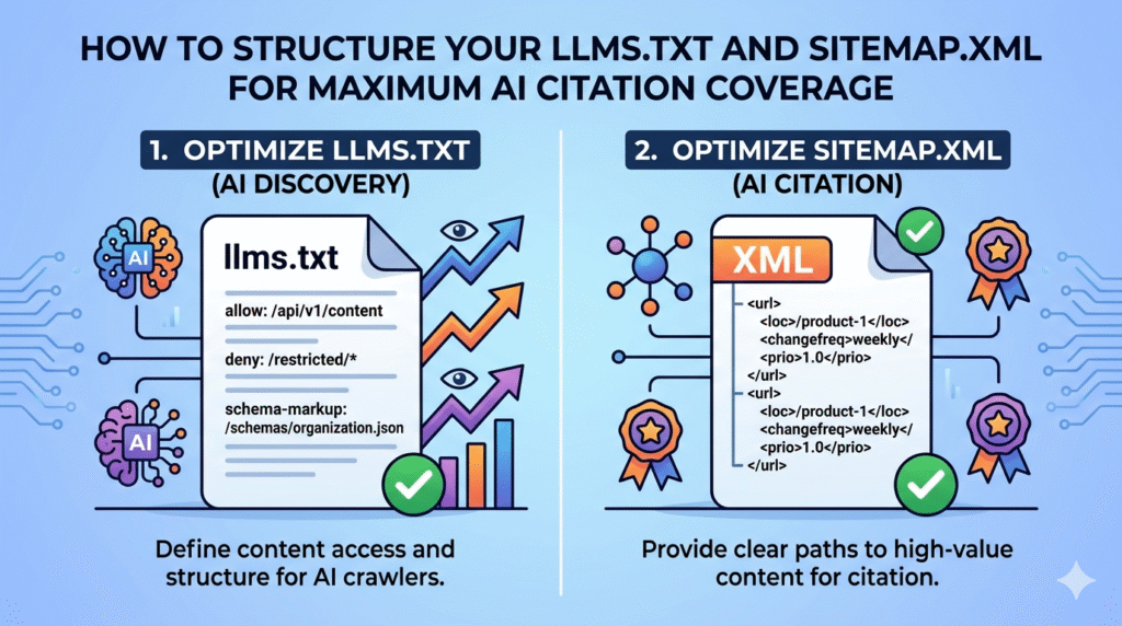 A comparative infographic illustration in a 16:9 ratio, split vertically. The left side, titled '1. OPTIMIZE LLMS.TXT (AI DISCOVERY)', shows an optimized file with upward-trending visibility arrows and AI brain network icons. The right side, titled '2. OPTIMIZE SITEMAP.XML (AI CITATION)', shows a structured XML hierarchy connected to network nodes and citation medals. Green checkmarks highlight success on both sides, all on a modern light blue tech background.