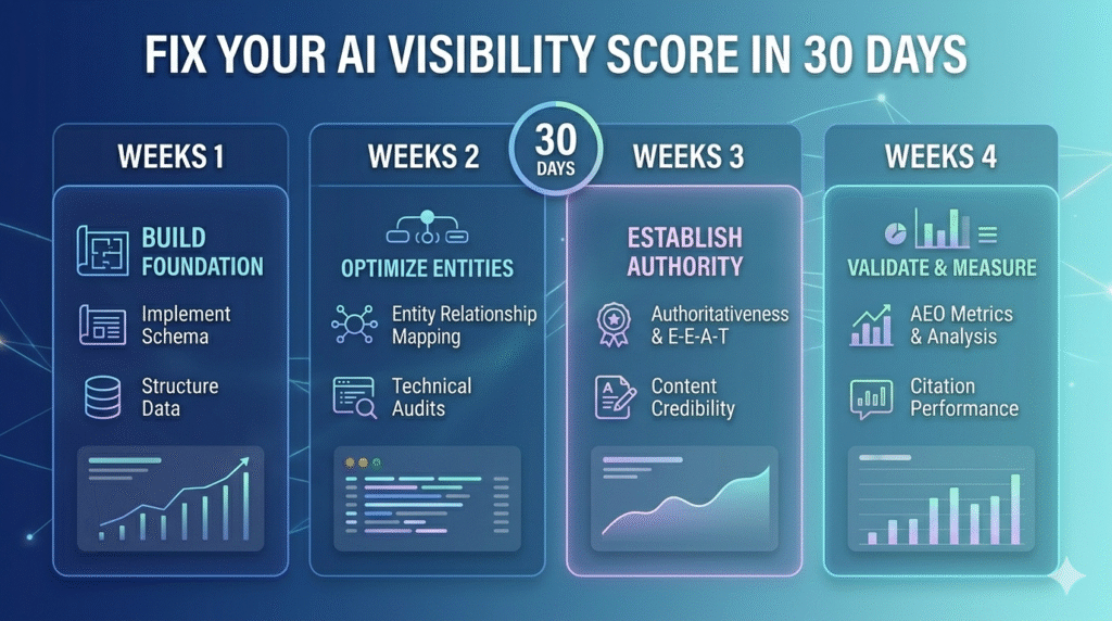 A clean infographic illustrating a four-week plan to improve a brand's AI visibility. It shows four stylized hexagonal pillars connected by an upward-trending arrow on a light background. Week 1 is "STRUCTURE DATA" with a gear icon. Week 2 is "VALIDATE ENTITIES" with a network icon. Week 3 is "BUILD E-E-A-T" with an authority shield icon. Week 4 is "MONITOR RESULTS" with a dashboard icon.