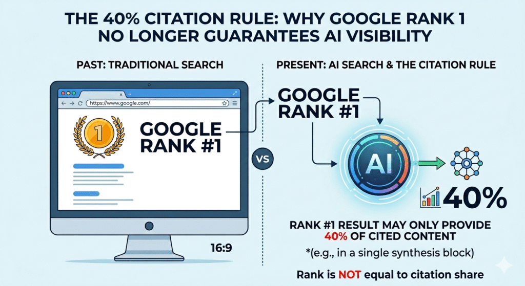A 16:9 comparison infographic titled "THE 40% CITATION RULE." The left side shows a computer monitor with a "Google Rank #1" laurel wreath, representing traditional search. The right side shows a glowing AI icon with an arrow pointing to a "40%" bar chart. The text explains that a number one ranking may only provide 40% of the cited content in an AI synthesis, emphasizing that "Rank is NOT equal to citation share."