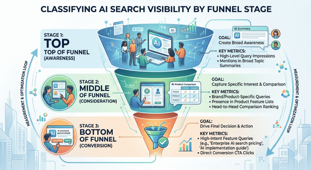 A professional, minimalist enterprise marketing infographic in a clean 16:9 layout illustrating a three-stage conversion funnel optimized for AI search engines. The diagram breaks down AI search visibility classification: Stage 1 (Top of Funnel / Awareness) focuses on broad AI summaries and query impressions; Stage 2 (Middle of Funnel / Consideration) highlights brand comparisons and feature lists; Stage 3 (Bottom of Funnel / Conversion) targets high-intent queries and direct call-to-action clicks, all enclosed within a measurement and optimization loop.
