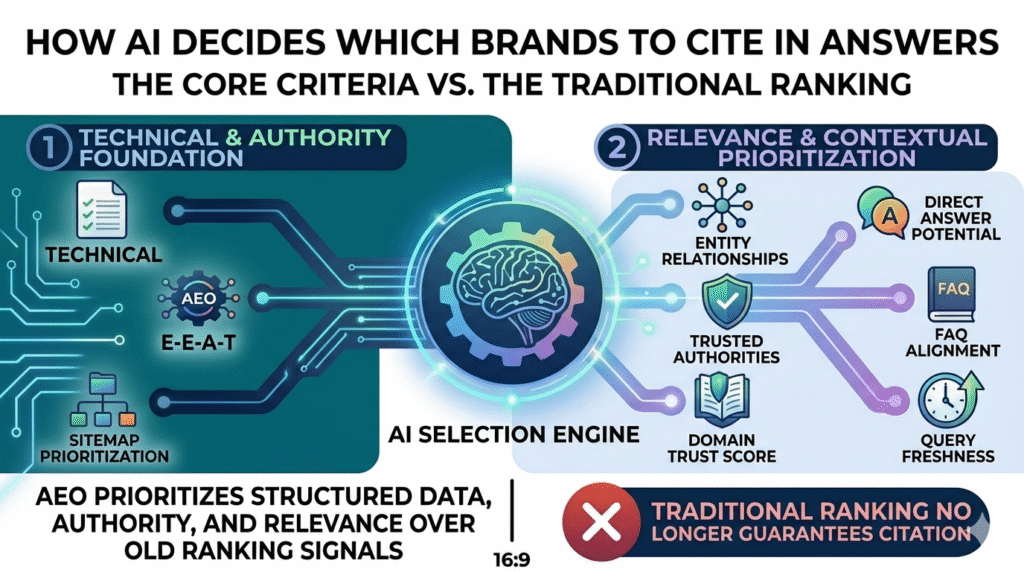 A professional 16:9 infographic titled "HOW AI DECIDES WHICH BRANDS TO CITE." The layout is divided into two clear sections: 1) Technical & Authority Foundation, featuring icons for AEO, E-E-A-T, and Sitemap Prioritization, and 2) Relevance & Contextual Prioritization, highlighting Entity Relationships, Trusted Authorities, and Query Freshness. A central brain-and-gear icon represents the "AI Selection Engine." A red warning at the bottom states "TRADITIONAL RANKING NO LONGER GUARANTEES CITATION.