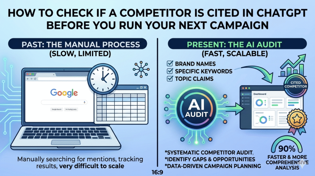 An infographic comparing two methods of checking competitor citations in AI. The left panel, labeled "PAST: THE MANUAL PROCESS (SLOW, LIMITED)", depicts a manual web browser and spreadsheet approach. The right panel, labeled "PRESENT: THE AI AUDIT (FAST, SCALABLE)", showcases an automated system analyzing brand names, keywords, and claims to identify cited competitors and create data-driven campaign planning. The background features clean lines, circuit board details, and glowing interfaces.