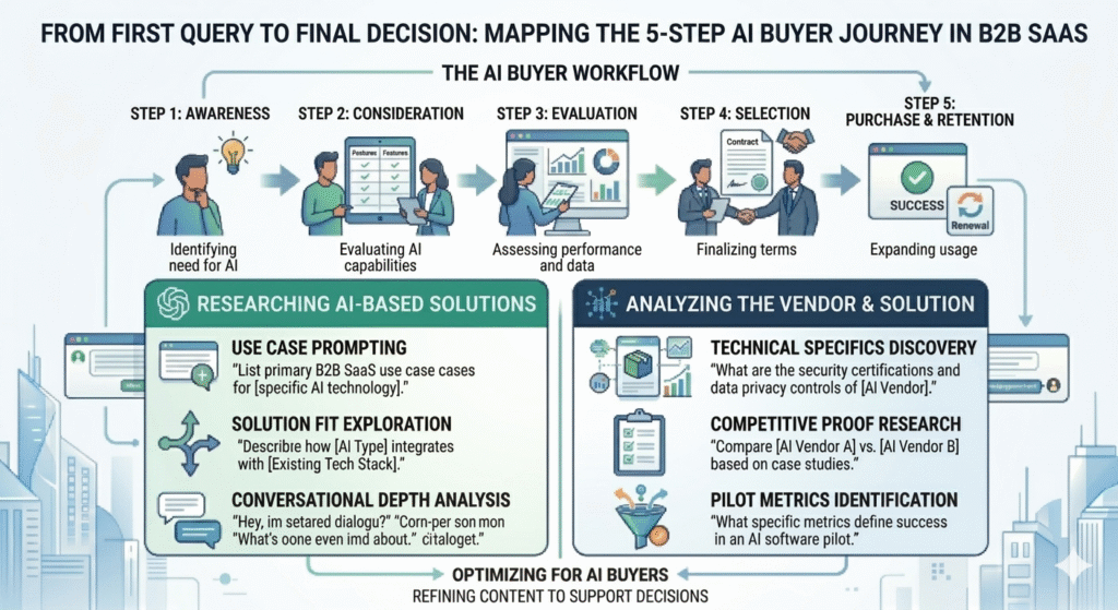 A detailed B2B SaaS infographic mapping the 5-step AI buyer journey: 1. Awareness (Identifying need for AI), 2. Consideration (Evaluating AI capabilities), 3. Evaluation (Assessing performance and data), 4. Selection (Finalizing terms), and 5. Purchase & Retention (Expanding usage). The graphic includes two strategic sections. The first, "Researching AI-Based Solutions," covers use case prompting and solution fit exploration. The second, "Analyzing the Vendor & Solution," covers technical specifics discovery and competitive proof research. The overall theme is optimizing content to support AI buyer decisions.