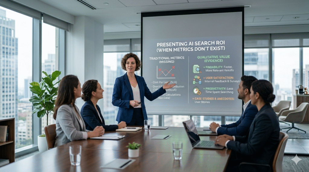 A professional, minimalist enterprise boardroom setting in a widescreen 16:9 layout. A female marketing professional stands at the head of a sleek wooden conference table, presenting a slide to corporate executives. The presentation screen reads "Presenting AI Search ROI (When Metrics Don't Exist)" and details strategic frameworks for measuring qualitative value like user satisfaction and findability versus missing traditional metrics.