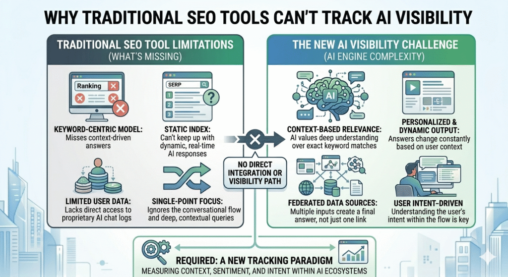 A professional, minimalistic enterprise-grade marketing infographic in a clean 16:9 widescreen layout explaining why legacy SEO platforms fail to track AI visibility. The left panel shows "Traditional SEO Tool Limitations," illustrating a keyword-centric model, static indexing, limited user data, and a single-point focus. The right panel displays "The New AI Visibility Challenge," highlighting complex engine traits like context-based relevance, personalized and dynamic output, federated data sources, and user-intent-driven flows. A central node reading "No Direct Integration or Visibility Path" connects both panels, leading down to a bottom section that outlines the required new tracking paradigm based on context, sentiment, and intent