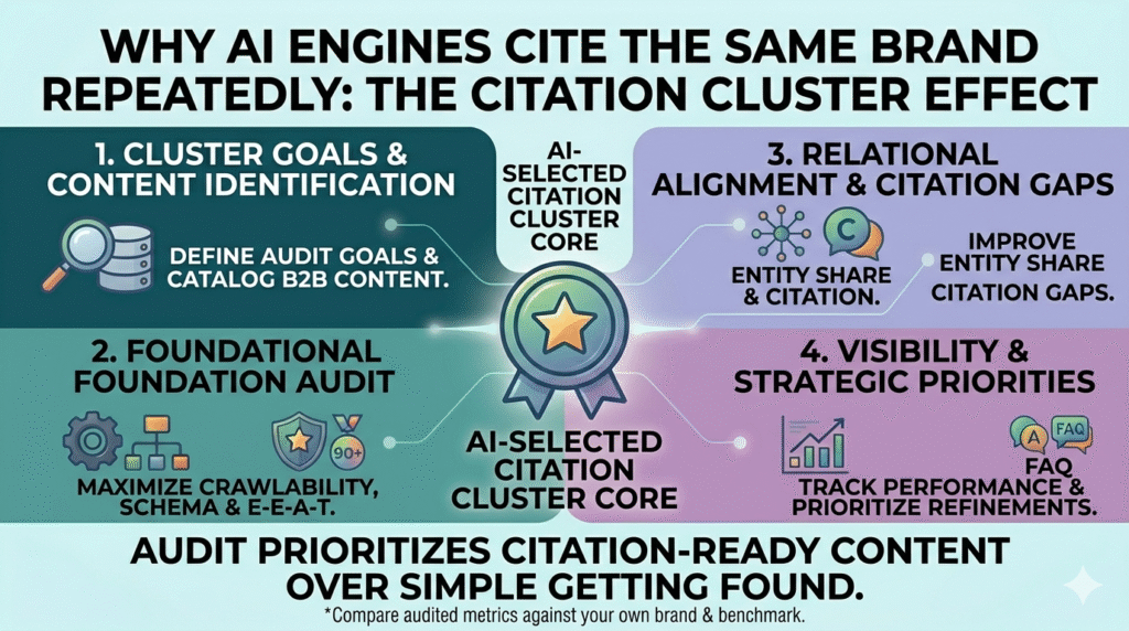 A 16:9 infographic titled "WHY AI ENGINES CITE THE SAME BRAND REPEATEDLY: THE CITATION CLUSTER EFFECT." The graphic features a clean, technical layout divided into four quadrants around a central star medal labeled "AI-SELECTED CITATION CLUSTER CORE." The quadrants cover: 1. Cluster Goals & Content Identification, 2. Foundational Foundation Audit (with crawlability, schema, and E-E-A-T icons), 3. Relational Alignment & Citation Gaps, and 4. Visibility & Strategic Priorities. A footer at the bottom states: "AUDIT PRIORITIZES CITATION-READY CONTENT OVER SIMPLE GETTING FOUND." The design uses a professional teal, blue, and purple gradient background with minimal clutter.