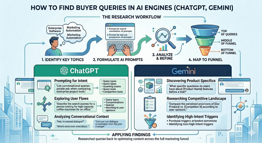 A professional, minimalist SaaS marketing infographic in a clean 16:9 layout detailing how to discover high-intent buyer queries using AI search engines. The top section illustrates a structured four-step research workflow: identifying key topics, formulating AI prompts, analyzing and refining, and mapping findings to the marketing funnel. The bottom section features side-by-side comparison panels for ChatGPT and Gemini, showcasing specific frameworks for prompting for intent, exploring conversational user flows, and researching the competitive landscape to uncover purchase triggers.