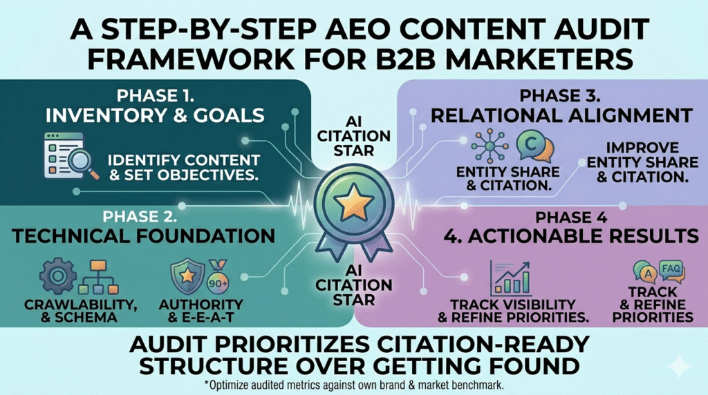 An infographic checklist for Answer Engine Optimization (AEO) titled "A STEP-BY-STEP AEO CONTENT AUDIT FRAMEWORK FOR B2B MARKETERS." It is structured as a professional workflow. The left column, "TECHNICAL FOUNDATION," includes metrics for "Crawlability & Ingestion," "Entity & Relevance," and "Authority & Trust." The right column, "PERFORMANCE PILLAR," includes metrics for "Citation Share %," "Direct Answer Revenue," and "AI-Driven Revenue." A central "AI Selection Engine" medal connects the two sides. The bottom explicitly states that the report "PRIORITIZES QUANTIFIABLE AI CITATION METRICS OVER SIMPLE RANKING." The graphic is presented in a modern technical illustrative style with blue and teal gradients.