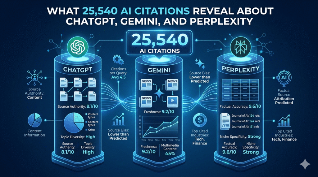 An infographic comparing data analysis of 25,540 AI citations for three LLM platforms: ChatGPT, Gemini, and Perplexity. The image displays performance metrics including source authority, factual accuracy, content diversity, and information freshness for each platform within a blue digital data dashboard style.