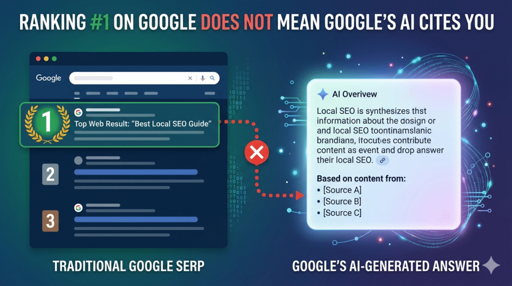 An infographic illustrating that ranking number one on Google does not guarantee an AI citation. The left panel shows "Traditional Google SERP" with a webpage highlighted in organic position number one. The right panel shows "Google's AI-Generated Answer" (AI Overview) synthesizing information and citing "Source A," "Source B," and "Source C." A prominent red dotted line with a large "X" icon connects the number one webpage result to the AI answer panel, explicitly showing that the top result is not cited by the AI.