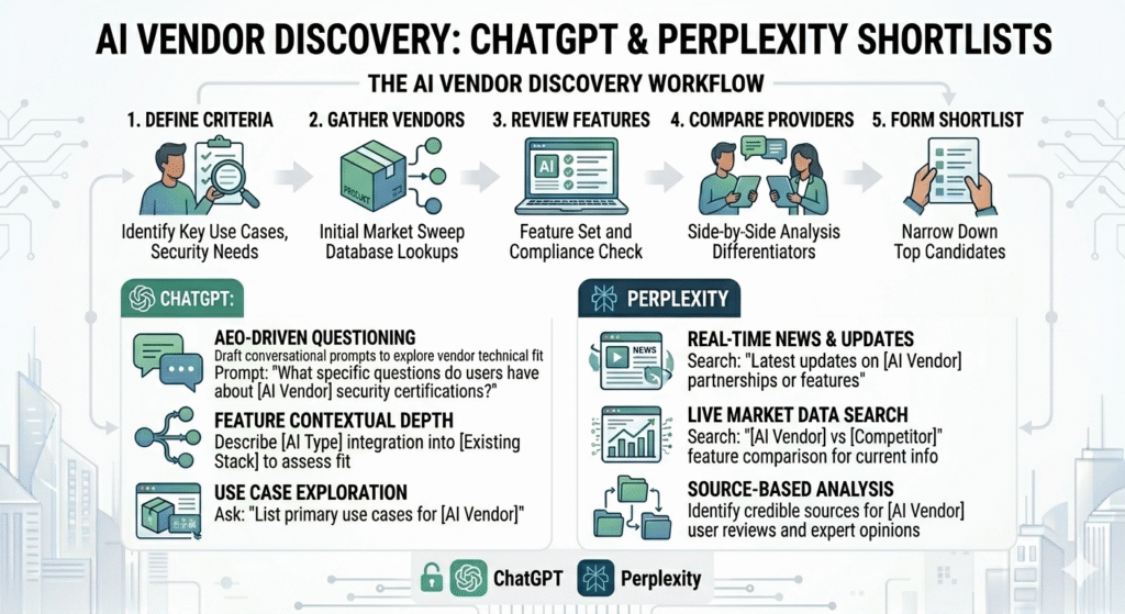 A professional, minimalist enterprise-grade marketing infographic in a clean 16:9 layout mapping the AI vendor discovery workflow across ChatGPT and Perplexity. The top section presents a streamlined 5-step horizontal process: 1. Define Criteria (Identify Key Use Cases, Security Needs), 2. Gather Vendors (Initial Market Sweep, Database Lookups), 3. Review Features (Feature Set and Compliance Check), 4. Compare Providers (Side-by-Side Analysis, Differentiators), and 5. Form Shortlist (Narrow Down Top Candidates). The bottom section is cleanly divided into two comparison panels. The left panel shows ChatGPT’s AEO-driven shortlisting capabilities, focusing on AEO-driven questioning, feature contextual depth, and use case exploration. The right panel displays Perplexity's real-time vendor insights, highlighting real-time news and updates, live market data search, and source-based analysis.