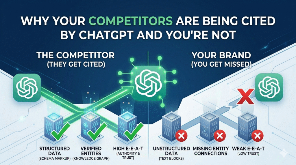 A simple 16:9 comparison infographic showing a green column labeled "COMPETITOR (CITED)" and a red column labeled "YOUR BRAND (MISSED)". The cited competitor is connected by glowing lines to three key icons: Structured Schema, Strong E-E-A-T, and Entity Connection. The missed brand shows disconnected versions of the same icons, illustrating why one is cited by AI like ChatGPT and the other is not.