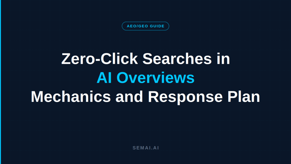 SEMAI AEO/GEO guide hero titled "Zero-Click Searches in AI Overviews: Mechanics and Response Plan" on dark navy background with cyan accent.