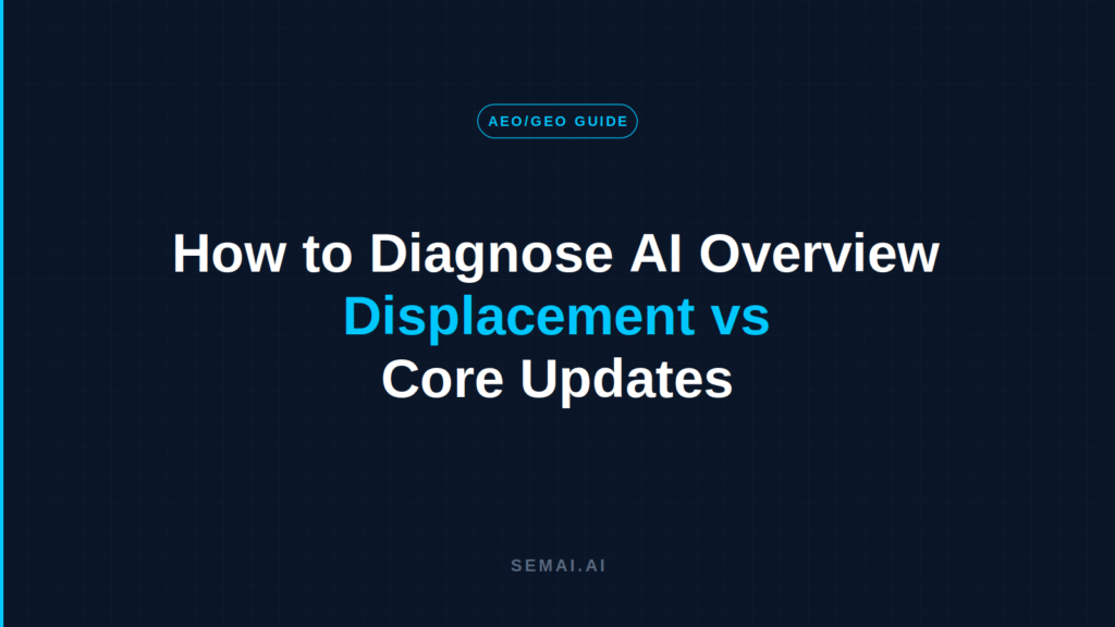How to Diagnose AI Overview" / "Displacement vs" (cyan) / "Core Updates"