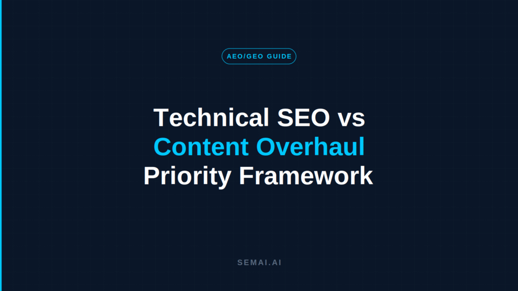 Technical SEO vs" / "Content Overhaul" (cyan) / "Priority Framework