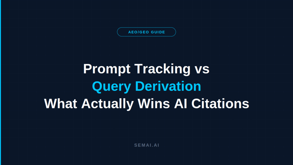 Dark navy SEMAI blog header with the title "Prompt Tracking vs Query Derivation: What Actually Wins AI Citations" in three lines, the phrase "Query Derivation" in cyan, an "AEO/GEO Guide" pill badge above, and "SEMAI.AI" at the bottom.