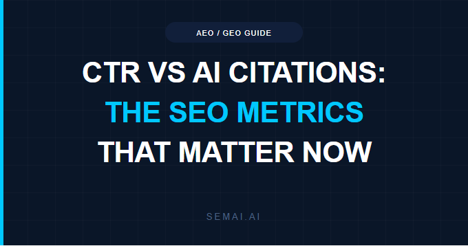 A minimalist 16:9 graphic with a dark navy background and a subtle grid overlay. A thin cyan vertical accent bar lines the left edge. At the top center, a pill-shaped badge reads "AEO/GEO GUIDE". The center features a three-line text title reading "CTR VS AI CITATIONS", "THE SEO METRICS", "THAT MATTER NOW", with "AI CITATIONS" highlighted in bright cyan and the rest of the text in white. The branding "SEMAI.AI" is positioned at the bottom center in muted gray.