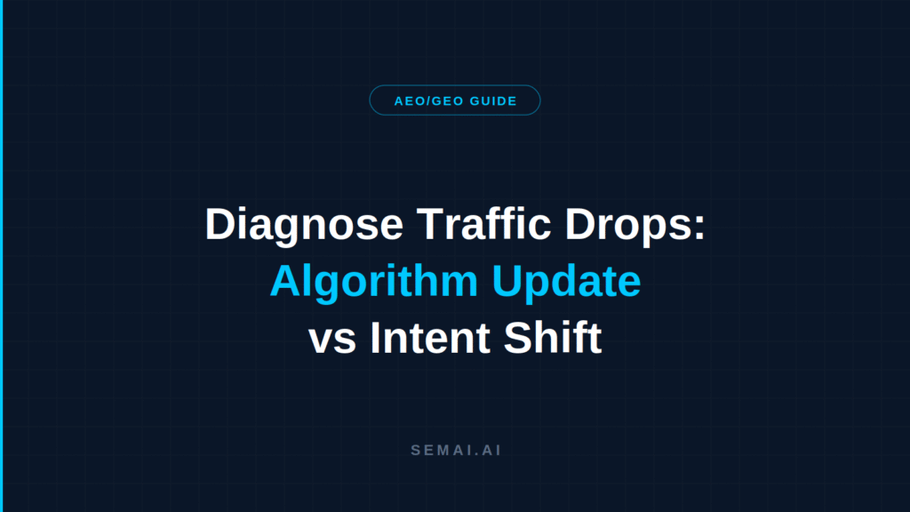 Blog hero image on dark navy background. Pill badge reads "AEO/GEO GUIDE". Title in three lines: "Diagnose Traffic Drops:" in white, "Algorithm Update" in cyan, "vs Intent Shift" in white. SEMAI.AI wordmark at bottom.