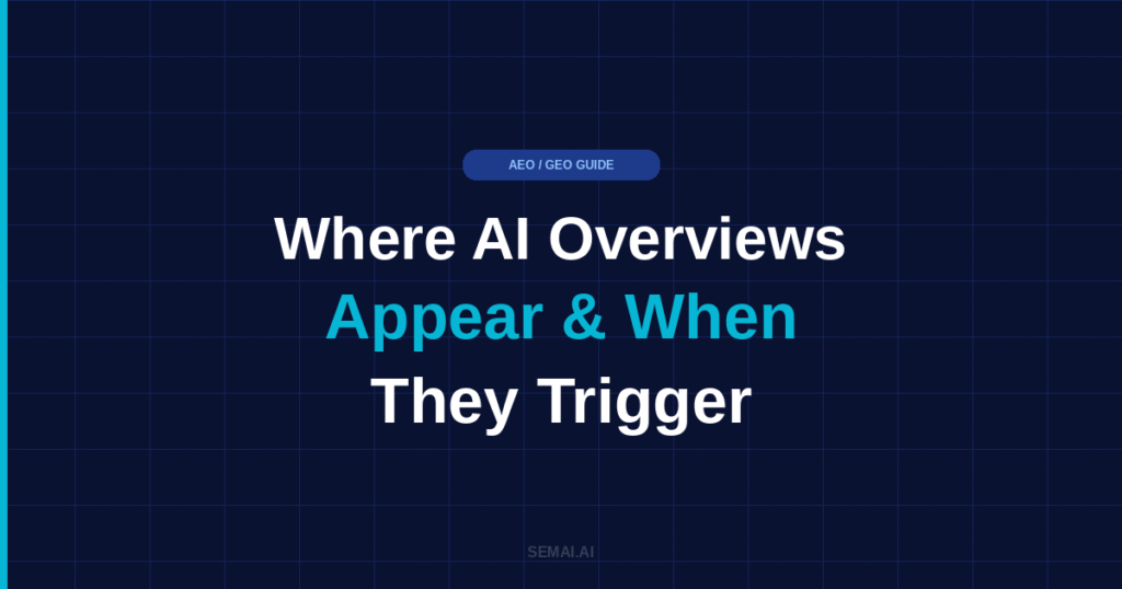 Blog featured image for SEMAI.AI with dark navy background and cyan accent bar. Headline reads: Where AI Overviews Appear and When They Trigger, with the words Appear & When highlighted in cyan. AEO / GEO GUIDE label at top center. SEMAI.AI branding at bottom center.