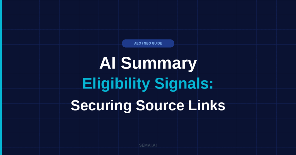 Blog featured image for SEMAI.AI with dark navy background and cyan accent bar. Headline reads: AI Summary Eligibility Signals: Securing Source Links, with the words Eligibility Signals highlighted in cyan. AEO / GEO GUIDE label at top center. SEMAI.AI branding at bottom center.