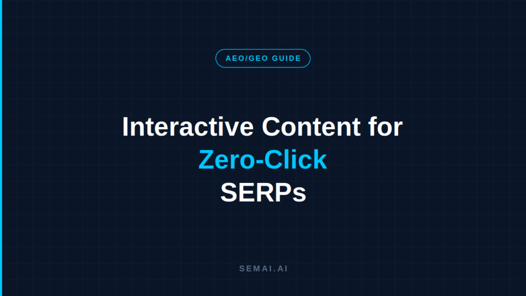 Dark navy blog header with a cyan-outlined "AEO/GEO GUIDE" badge. Title reads "Interactive Content for Zero-Click SERPs" with "Zero-Click" in cyan. SEMAI.AI branding at bottom.